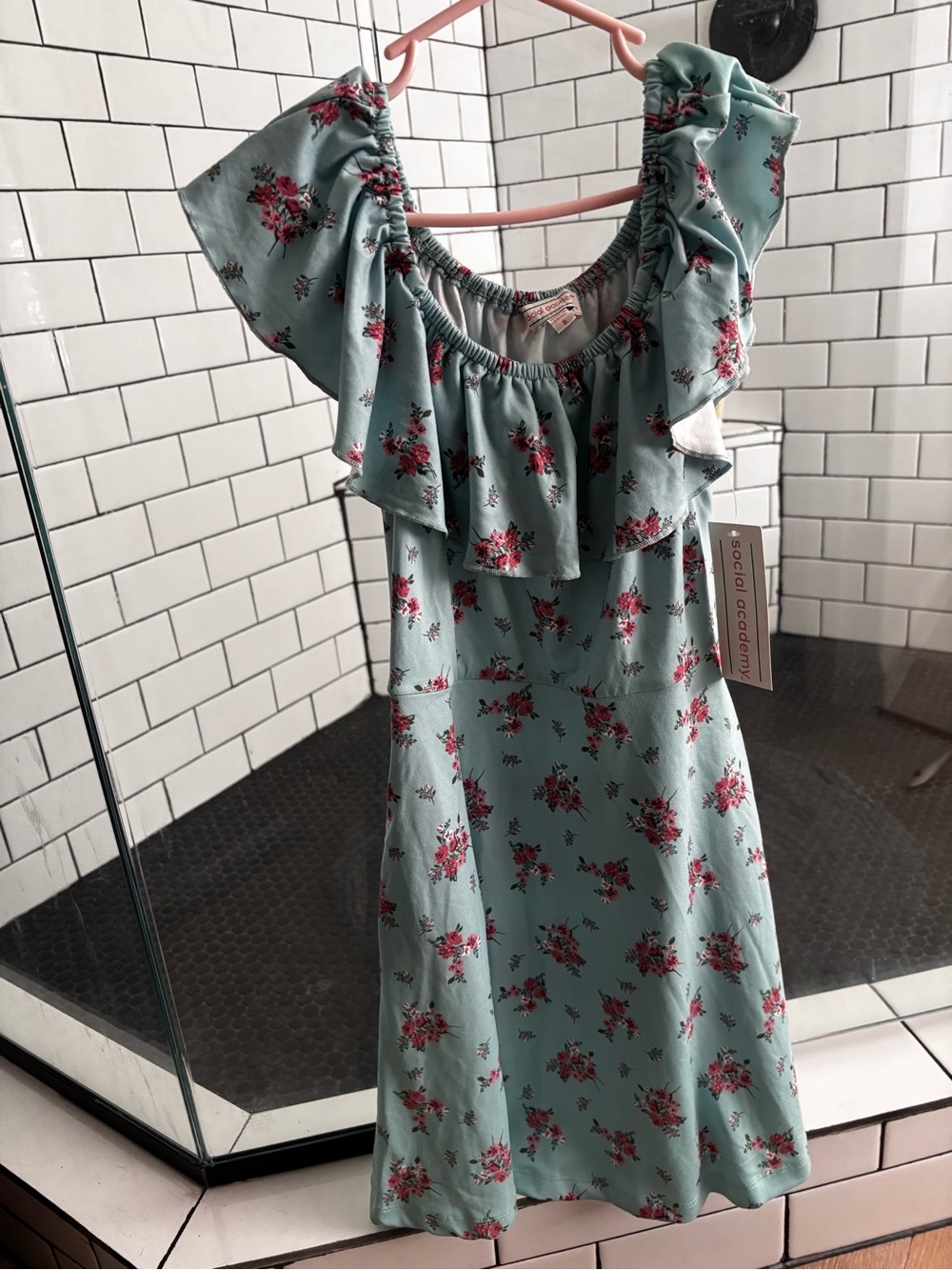 Kids One-Shoulder Floral Dress in Mint with Pink Flowers